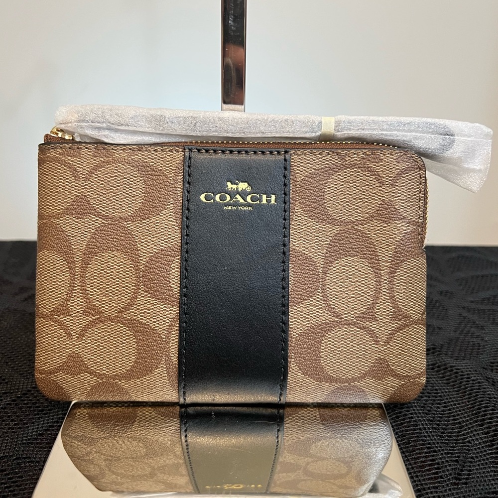 Coach Designer Zip Wristlet in Signature Canvas Black and Beige NEW